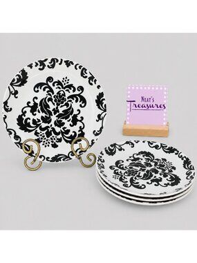 Studio D VERSAILES Black Scrolls White Coupe Round Stoneware Salad Plates Set 4